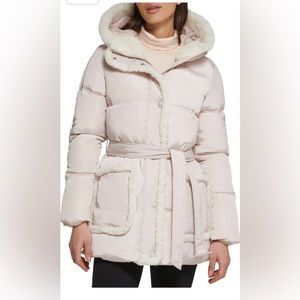 Kenneth Cole Womens Sherpa Trim Puffer With Tie-belt